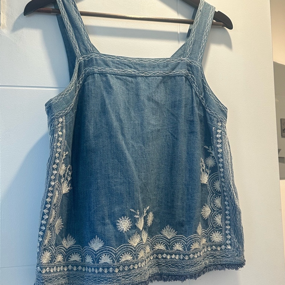 Anthropologie Embroidered Blue Denim Top